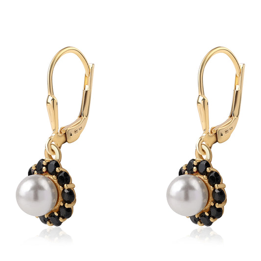 Pendientes de Plata Bañada en Oro con Espinela Negra y Perla blanca de agua dulce