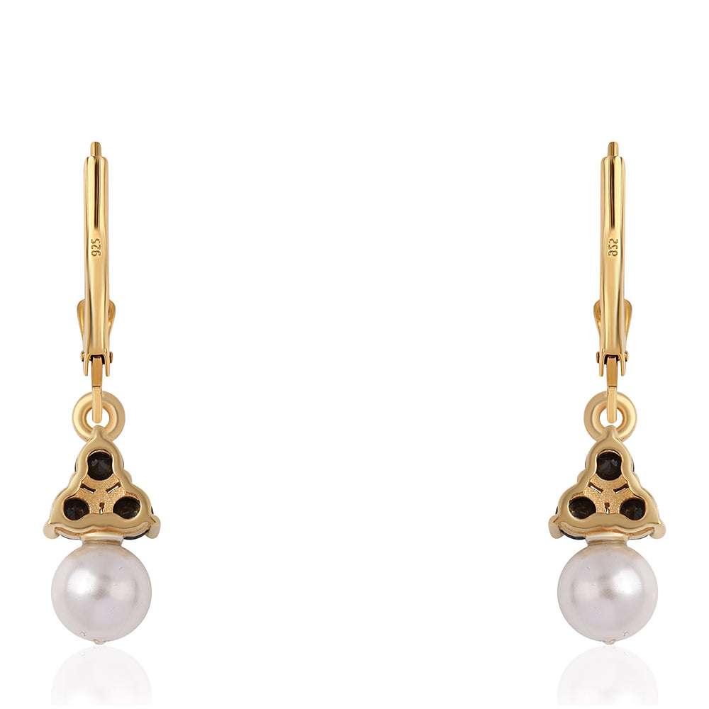 Pendientes de Plata Bañada en Oro con Espinela Negra y Perla blanca de agua dulce 4 