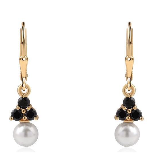 Pendientes de Plata Bañada en Oro con Espinela Negra y Perla blanca de agua dulce