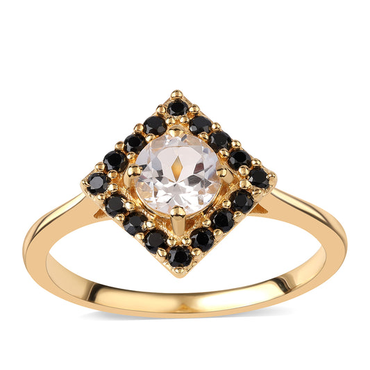 Anillo de Plata Bañada en Oro con Espinela Negra y Topacio Blanco