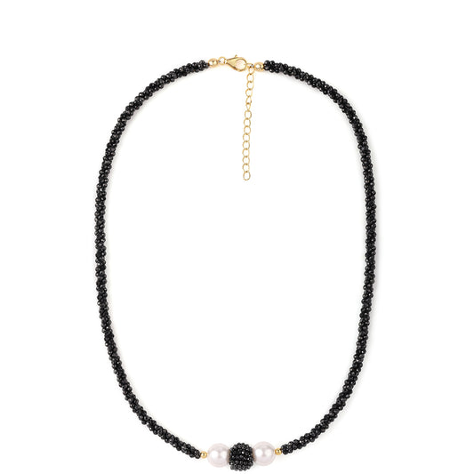 Collar de Plata Bañada en Oro con Espinela Negra y Perla blanca de agua dulce