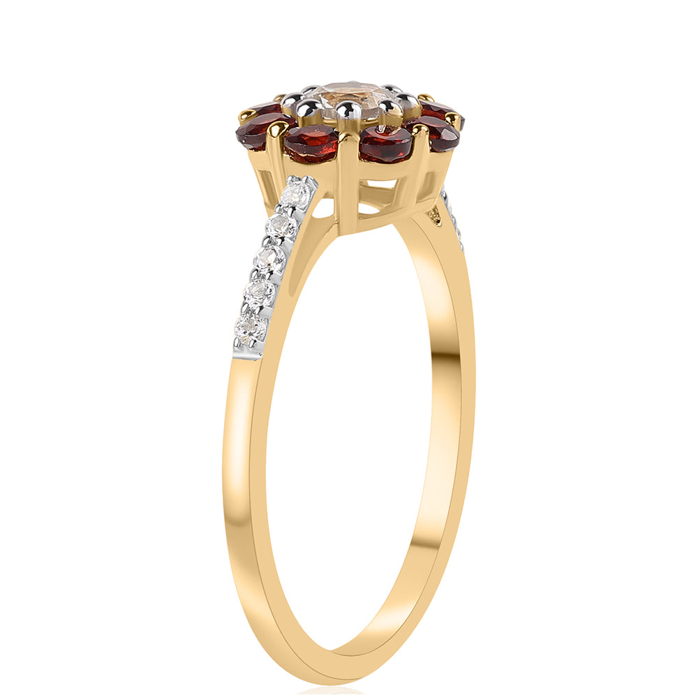 Anillo de Plata Bañada en Oro con Granate Barton y Topacio Blanco 2 