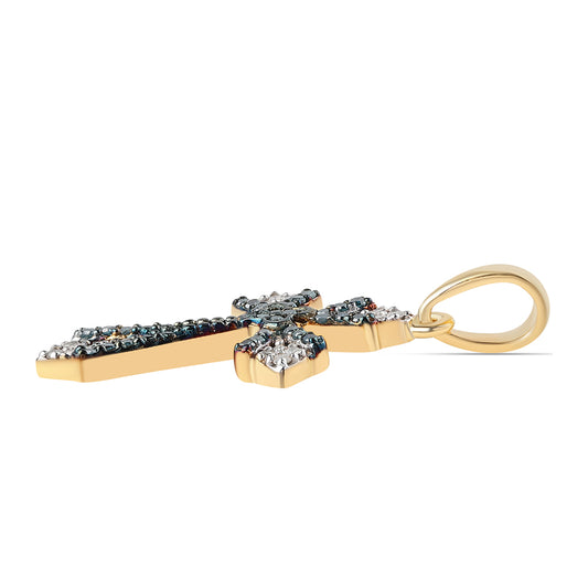 Cruz Colgante de Plata Bañada en Oro con Diamante Azul y Diamante blanco