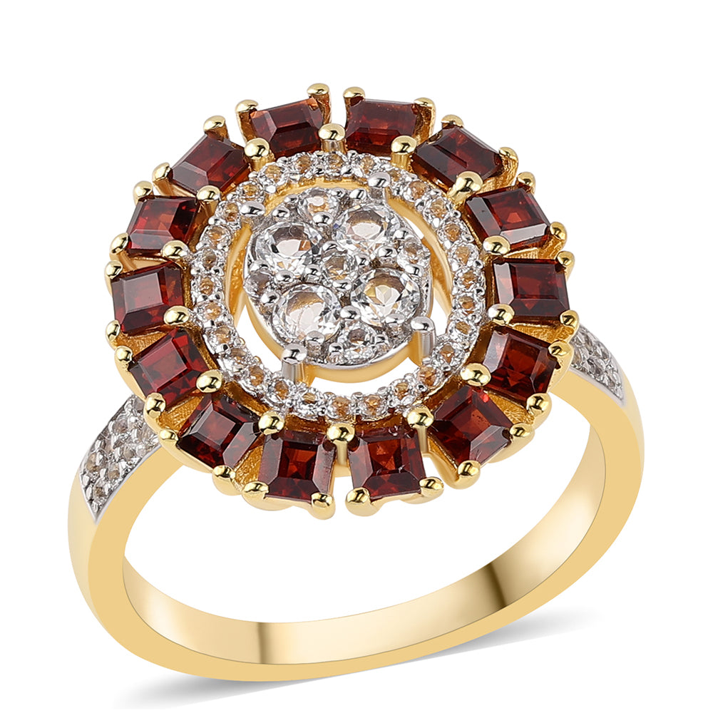 Anillo de Plata Bañada en Oro con Granate Barton y Topacio Blanco 1 