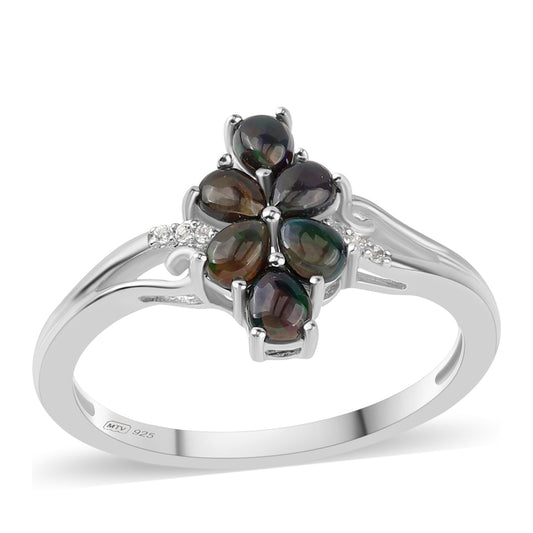 Anillo de Plata con Ópalo negro medianoche Lega Dembi de Ëtiopía y Topacio Blanco
