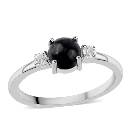 Anillo de Plata con Ópalo negro medianoche Lega Dembi de Ëtiopía y Topacio Blanco