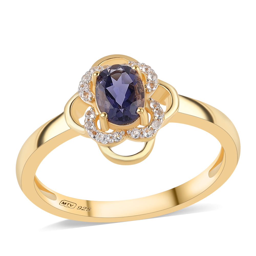 Anillo de Plata Bañada en Oro con Lolita y Topacio Blanco