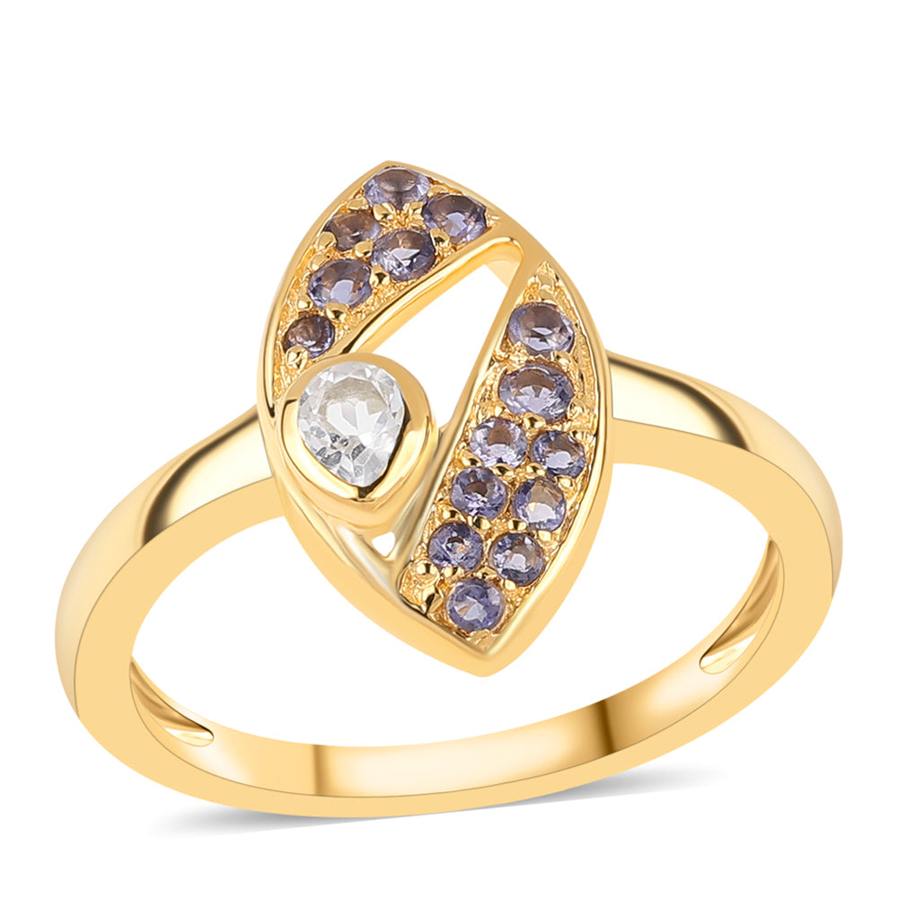 Anillo de Plata Bañada en Oro con Lolita y Topacio Blanco 1 
