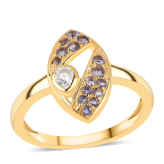 Anillo de Plata Bañada en Oro con Lolita y Topacio Blanco