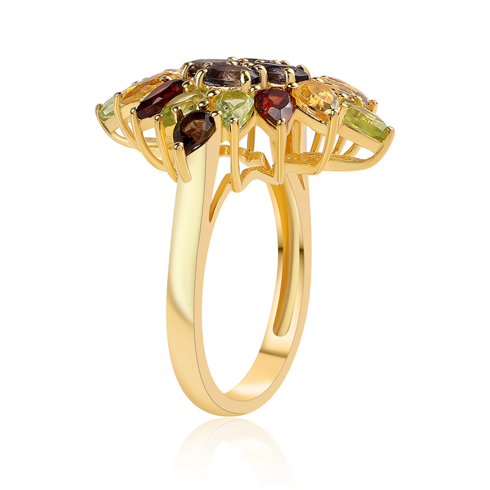 Anillo de Plata Bañada en Oro con Granate rojo y Peridoto 3 