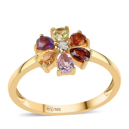 Anillo de Plata Bañada en Oro con Amatista Rosa de Francia y Granate rojo