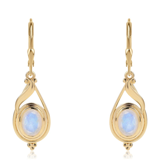 Pendientes de Plata Bañada en Oro con Piedra de Luna de arcoiris AA