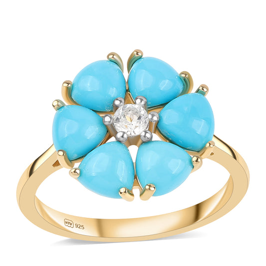 Anillo de Plata Bañada en Oro con Turquesa Bella Durmiente y Topacio Blanco