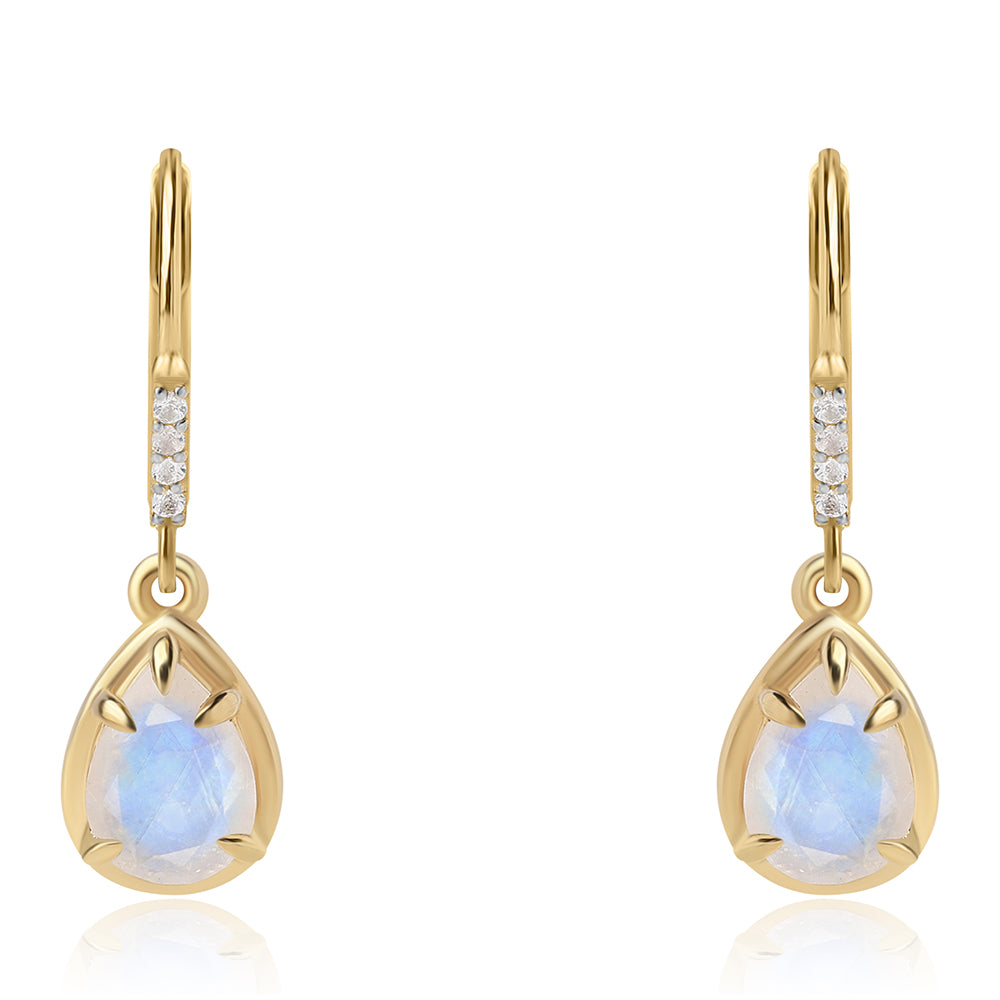 Pendientes de Plata Bañada en Oro con Piedra de Luna de arcoiris AA y Topacio Blanco 2 