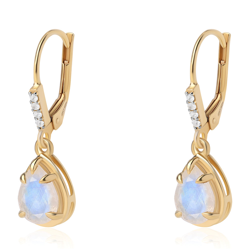 Pendientes de Plata Bañada en Oro con Piedra de Luna de arcoiris AA y Topacio Blanco 1 