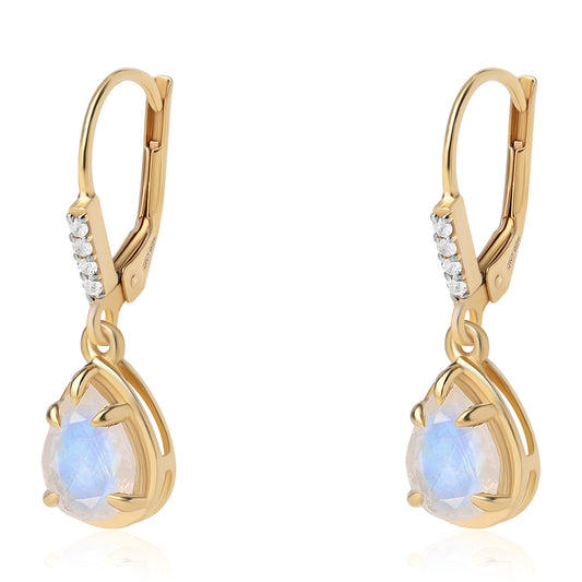 Pendientes de Plata Bañada en Oro con Piedra de Luna de arcoiris AA y Topacio Blanco