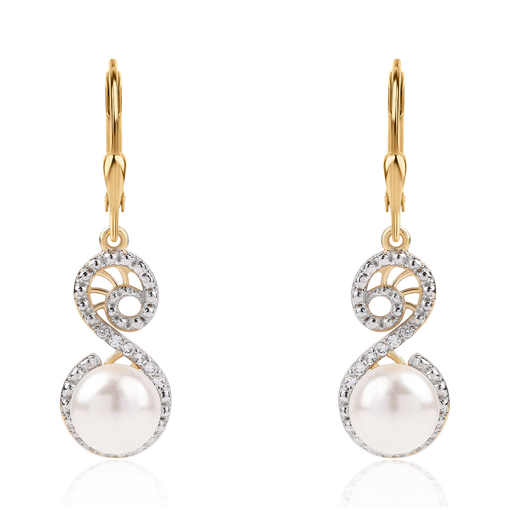Pendientes de Plata Bañada en Oro con Perla blanca de agua dulce y Topacio Blanco 2 