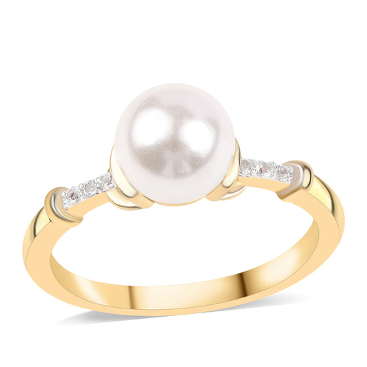 Anillo de Plata Bañada en Oro con Perla blanca de agua dulce y Topacio Blanco