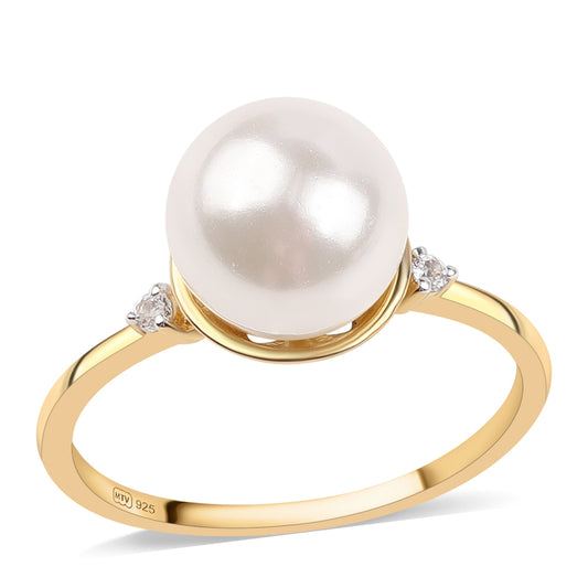 Anillo de Plata Bañada en Oro con Perla blanca de agua dulce y Topacio Blanco