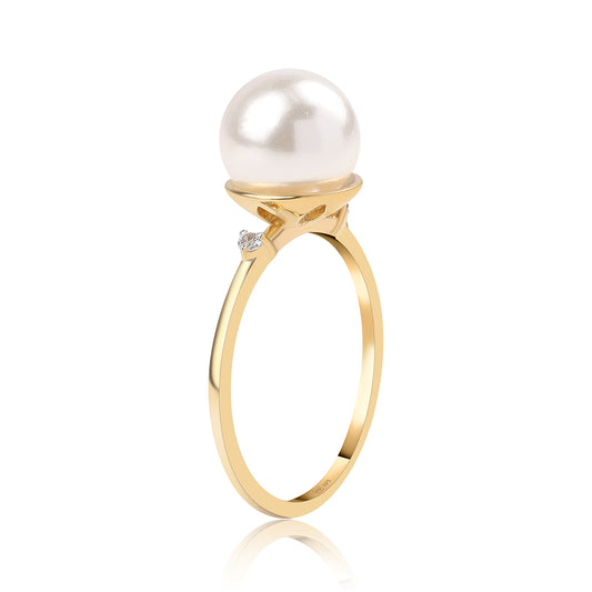 Anillo de Plata Bañada en Oro con Perla blanca de agua dulce y Topacio Blanco