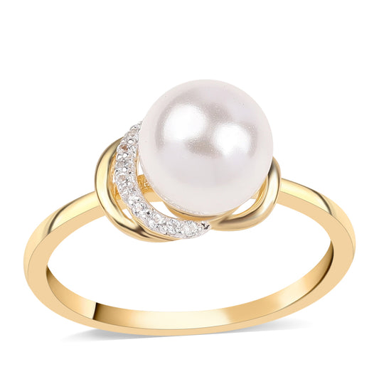 Anillo de Plata Bañada en Oro con Perla blanca de agua dulce y Topacio Blanco