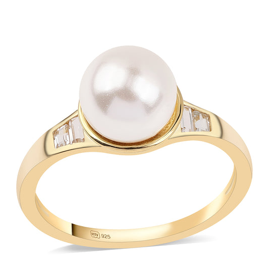 Anillo de Plata Bañada en Oro con Perla blanca de agua dulce y Topacio Blanco
