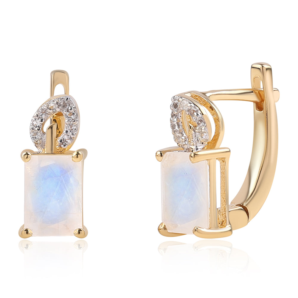 Pendientes de Plata Bañada en Oro con Piedra de Luna de arcoiris AA y Topacio Blanco 1 