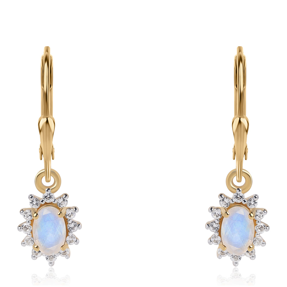 Pendientes de Plata Bañada en Oro con Piedra de Luna de arcoiris AA y Topacio Blanco 2 