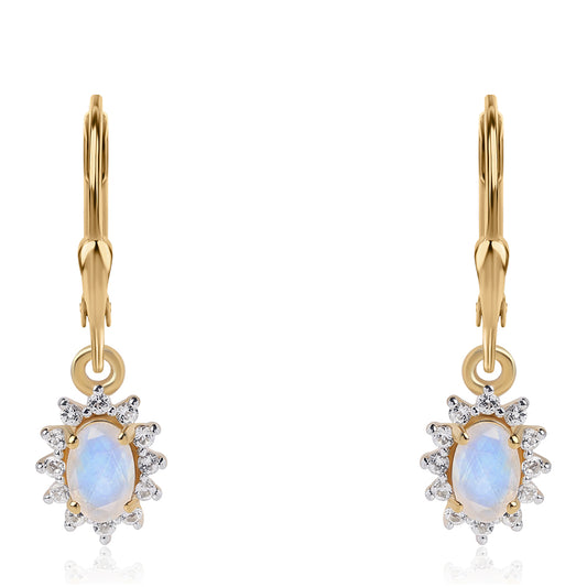 Pendientes de Plata Bañada en Oro con Piedra de Luna de arcoiris AA y Topacio Blanco