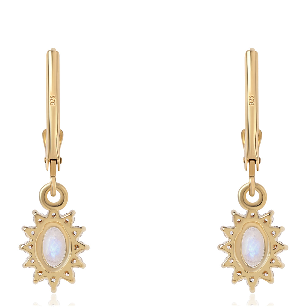 Pendientes de Plata Bañada en Oro con Piedra de Luna de arcoiris AA y Topacio Blanco 3 