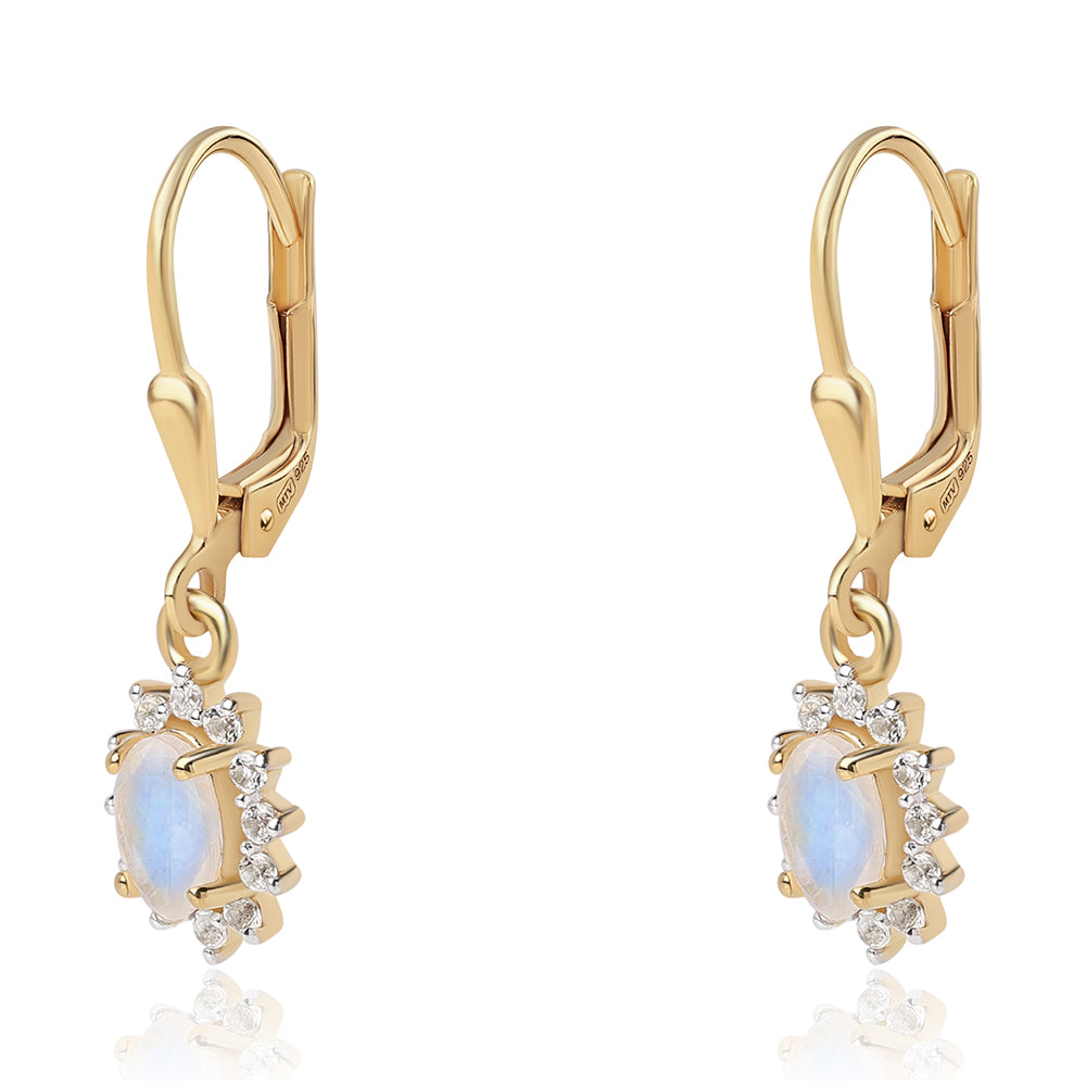 Pendientes de Plata Bañada en Oro con Piedra de Luna de arcoiris AA y Topacio Blanco 1 