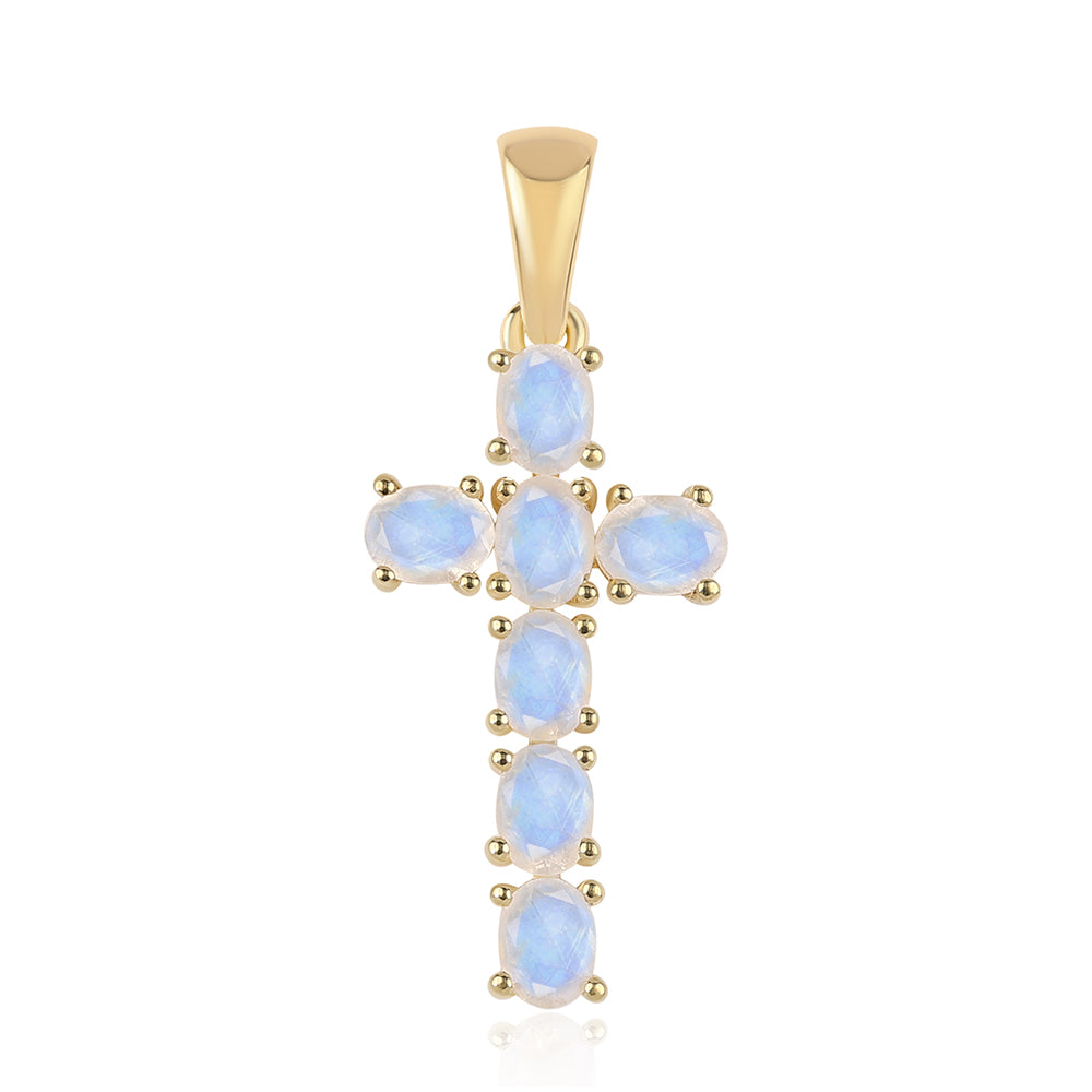 Cruz Colgante de Plata Bañada en Oro con Piedra de Luna de arcoiris AA