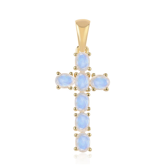 Cruz Colgante de Plata Bañada en Oro con Piedra de Luna de arcoiris AA