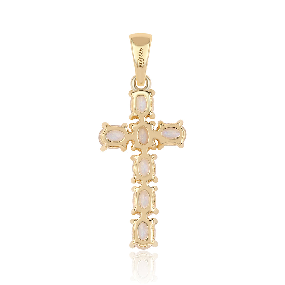 Cruz Colgante de Plata Bañada en Oro con Piedra de Luna de arcoiris AA 2 