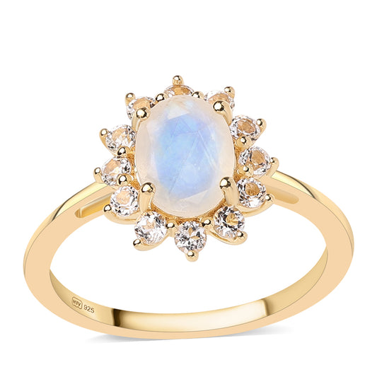 Anillo de Plata Bañada en Oro con Piedra de Luna de arcoiris AA y Topacio Blanco