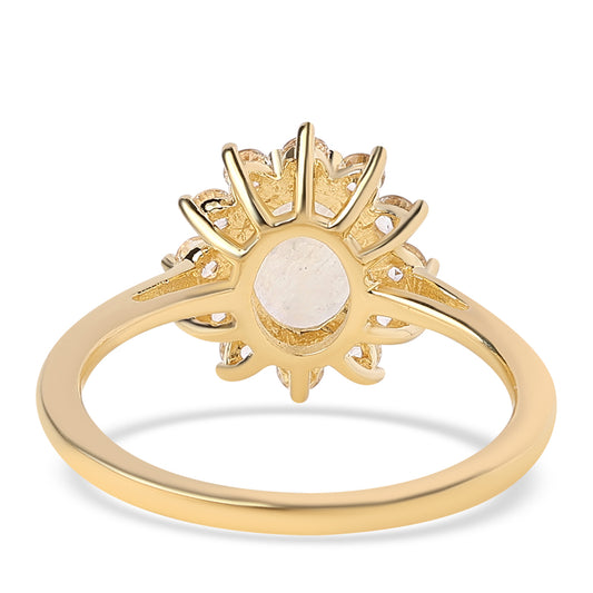 Anillo de Plata Bañada en Oro con Piedra de Luna de arcoiris AA y Topacio Blanco