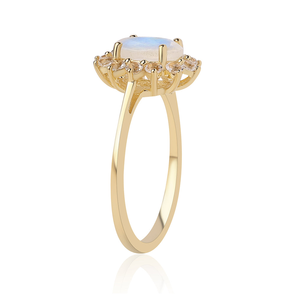 Anillo de Plata Bañada en Oro con Piedra de Luna de arcoiris AA y Topacio Blanco 3 