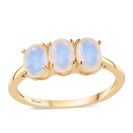 Anillo de Plata Bañada en Oro con Piedra de Luna de arcoiris AA