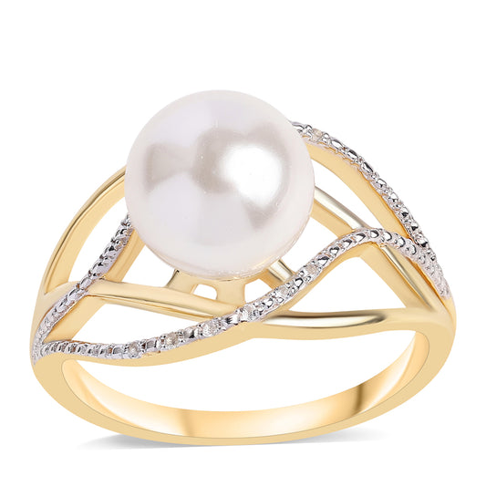 Anillo de Plata Bañada en Oro con Perla blanca de agua dulce y Topacio Blanco