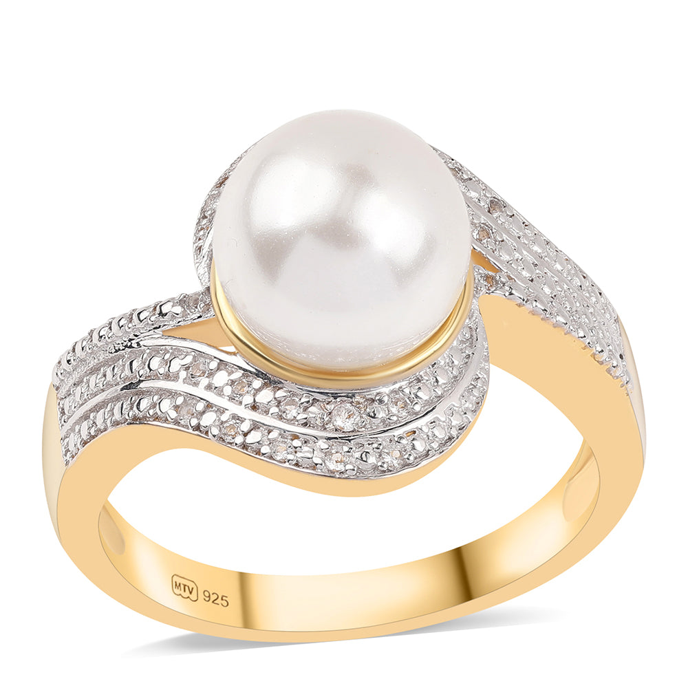 Anillo de Plata Bañada en Oro con Perla blanca de agua dulce y Topacio Blanco 1 