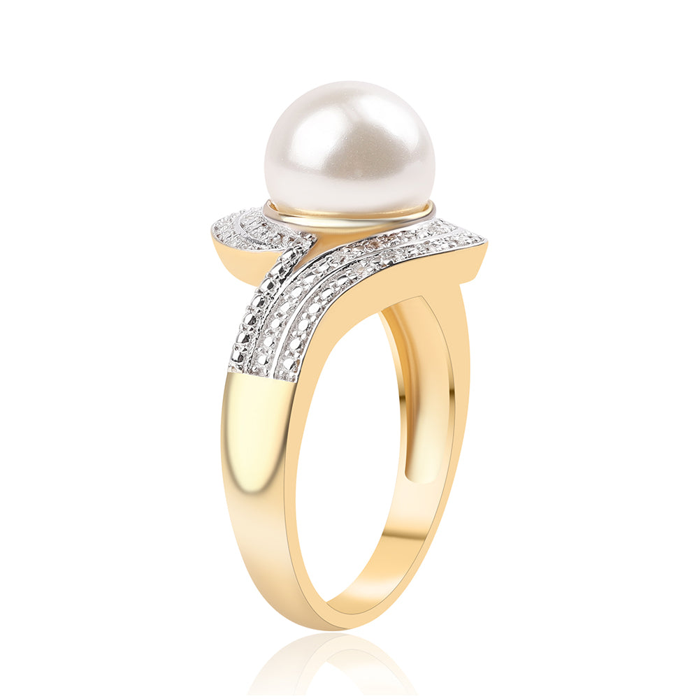 Anillo de Plata Bañada en Oro con Perla blanca de agua dulce y Topacio Blanco 3 