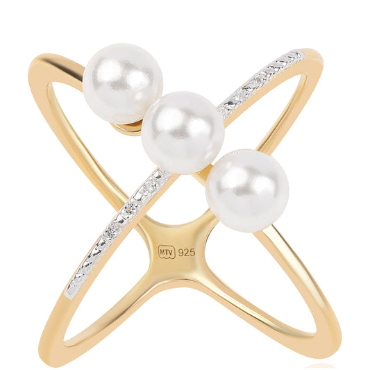 Anillo de Plata Bañada en Oro con Perla blanca de agua dulce y Topacio Blanco