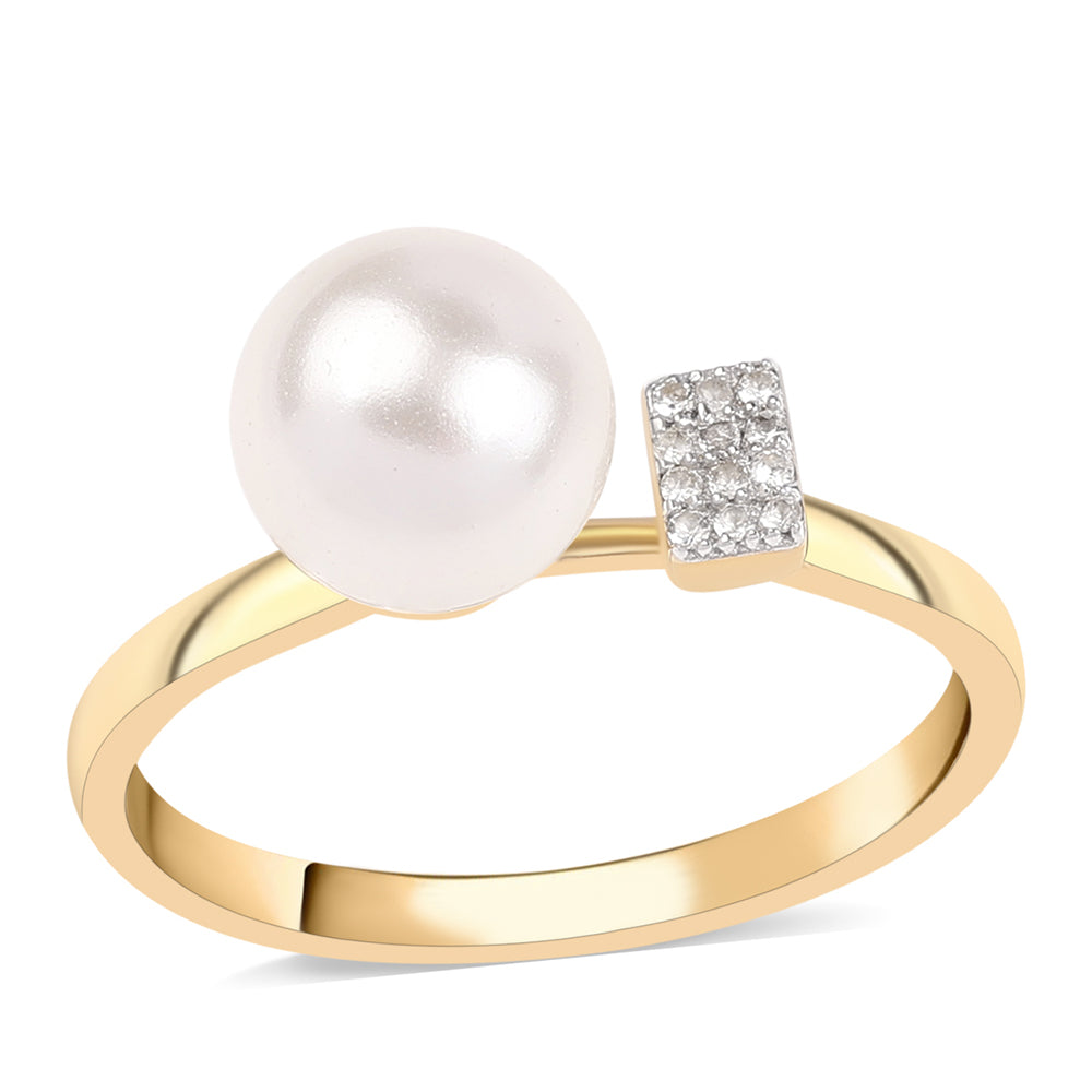 Anillo de Plata Bañada en Oro con Perla blanca de agua dulce y Topacio Blanco 1 