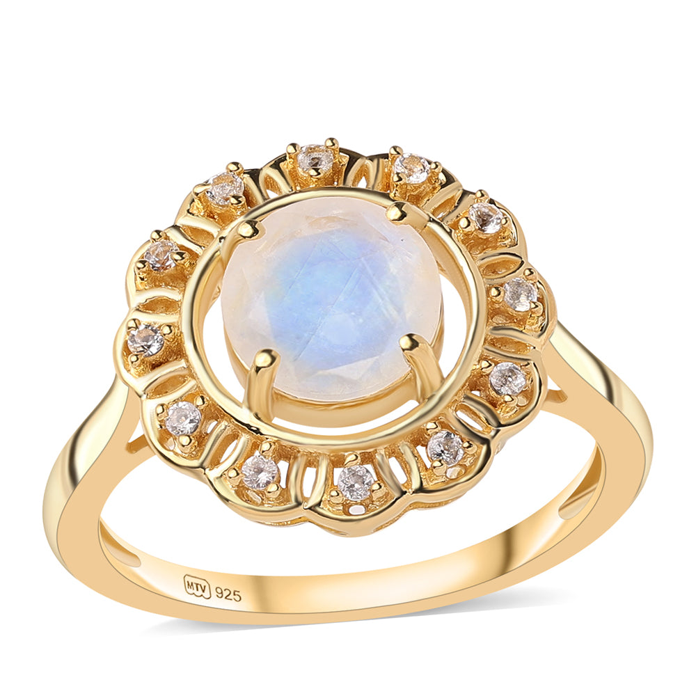 Anillo de Plata Bañada en Oro con Piedra de Luna de arcoiris AA y Topacio Blanco