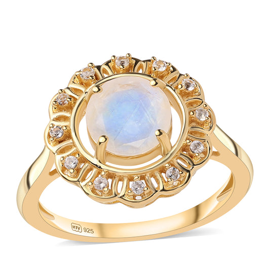 Anillo de Plata Bañada en Oro con Piedra de Luna de arcoiris AA y Topacio Blanco