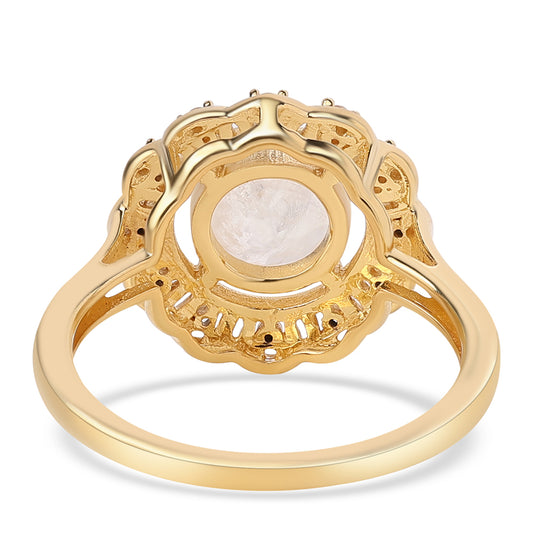Anillo de Plata Bañada en Oro con Piedra de Luna de arcoiris AA y Topacio Blanco
