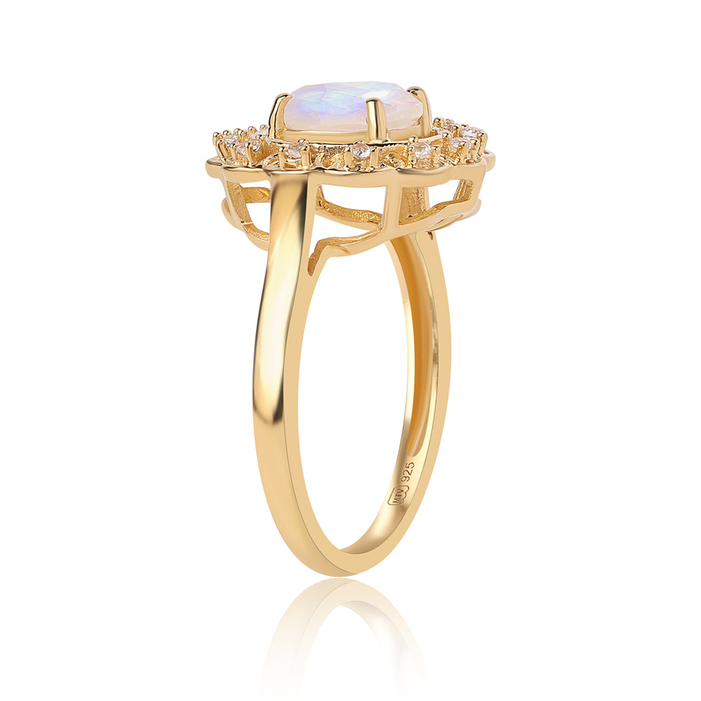 Anillo de Plata Bañada en Oro con Piedra de Luna de arcoiris AA y Topacio Blanco