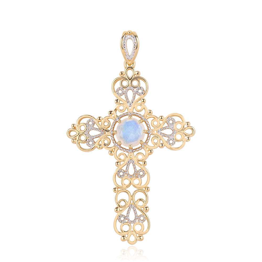 Cruz Colgante de Plata Bañada en Oro con Piedra de Luna de arcoiris AA 1 