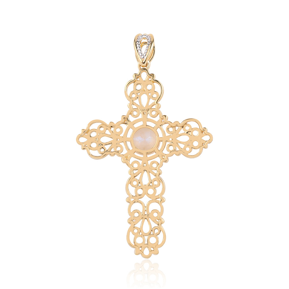 Cruz Colgante de Plata Bañada en Oro con Piedra de Luna de arcoiris AA
