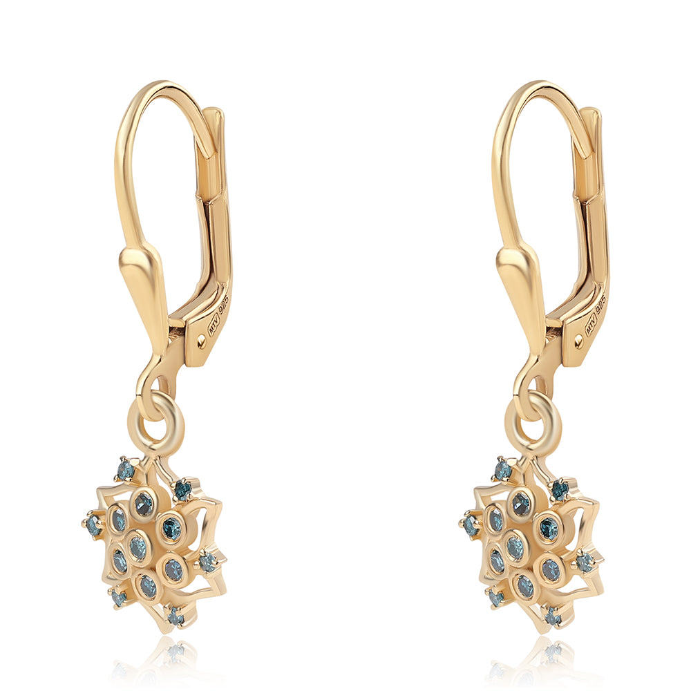 Pendientes de Plata Bañada en Oro con Diamante Azul